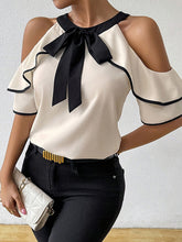 Contrast Color Double Layered Tied Loose Short Sleeves Cold Shoulder Blouses&Shirts Tops