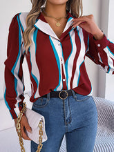 Buttoned Contrast Color Printed Long Sleeves Loose Notched Collar Blouses&Shirts Tops
