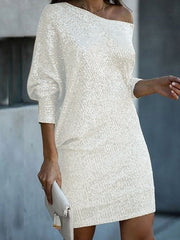 Asymmetric Sequined Solid Color A-Line Loose One-Shoulder Mini Dresses