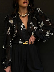 Gauze Jacquard Lace-Up Pleated See-Through Loose Puff Sleeves V-Neck Blouses&Shirts Tops