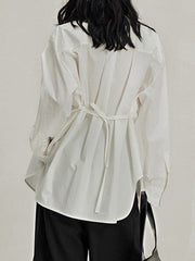 Buttoned Solid Color Tied Long Sleeves Loose Round-Neck Blouses&Shirts Tops