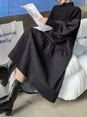 Asymmetric Solid Color Split-Joint A-Line Long Sleeves High-Neck Sweater Dresses Midi Dresses