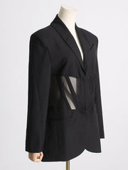 Buckle Gauze See-Through Solid Color Split-Joint Long Sleeves Notched Collar Blazer