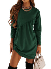 Casual Loose Long Sleeves Solid Color Round-Neck Mini Dresses