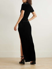 Wrap Buttoned Lion Pattern Solid Color Split-Side Zipper Stand Collar Maxi Dresses