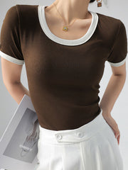 Contrast Color Short Sleeves Skinny Round-Neck T-Shirts