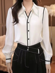 Buttoned Contrast Color Pleated Long Sleeves Lapel Blouses&Shirts Tops