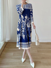 Pleated Printed A-Line Loose Round-Neck Midi Dresses