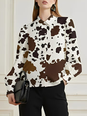Long Sleeves Loose Buttoned Contrast Color Cow Printed Split-Joint Lapel Blouses&Shirts Tops