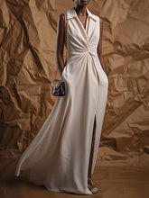 Pleated Pockets Solid Color Split-Front Loose Sleeveless Lapel Maxi Dresses