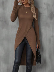 Solid Color Bodycon High-Low Round-Neck T-Shirts Tops