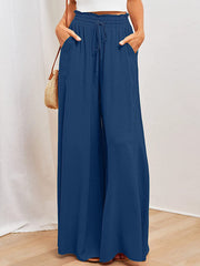 Drawstring Elasticity Pockets Solid Color High Waisted Loose Trousers Pants