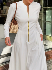 Long Sleeves Solid Color Zipper Round-Neck Maxi Dresses