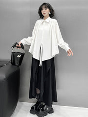 Buttoned Solid Color Split-Joint Streamer Irregularity Long Sleeves Lapel Collar Blouses&Shirts Tops