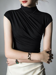 Pleated Solid Color Skinny Mock Neck T-Shirts Tops