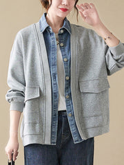 Casual False Two Loose Buttoned Contrast Color Split-Joint Lapel Collar Outerwear