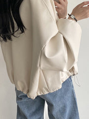 Drawstring Solid Color Zipper Long Sleeves Loose Stand Collar Outerwear Jackets