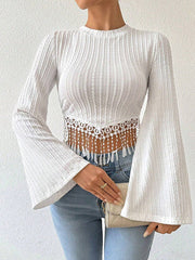 Solid Color Split-Joint Tasseled Flared Sleeves Long Sleeves Round-neck T-Shirts Tops