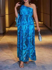 Asymmetric Pleated Printed Split-side A-line High Waisted One-shoulder Maxi Dresses