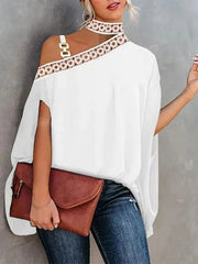 Asymmetric Chains Hollow Split-Joint Batwing Sleeves Loose One-shoulder Blouses&shirts Tops
