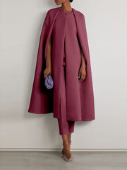 Solid Color Cap Sleeve Round-neck Two Pieces Set Pants Cape