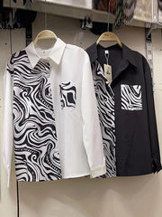 Asymmetric Buttoned Zebra-Stripe Long Sleeves Loose Lapel Blouses&Shirts Tops