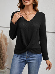 Hollow Knot Solid Color Split-Joint Long Sleeves Loose V-Neck T-Shirts Tops