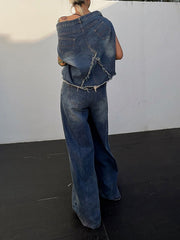 Asymmetric Split-joint Fringed Boat Neck Vest Top+ High Waisted Belted Jeans Bottom Two Pieces Set