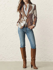 Buttoned Contrast Color Pockets Printed Split-Back Long Sleeves Notched Collar Outerwear Blazer