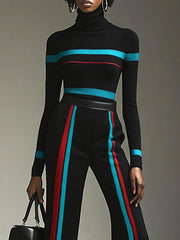 Contrast Color Striped Long Sleeves High Neck Sweater Tops Pullovers