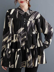 Pleated Printed Split-Joint Long Sleeves Loose Lapel Blouses