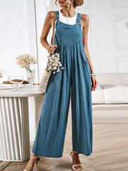 Pleated Pockets Split-Joint Loose Sleeveless Spaghetti-Neck Overalls
