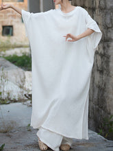 Solid Color Split-Joint Split-Side Batwing Sleeves Round-Neck Midi Dresses