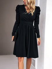 Pleated Solid Color Split-Joint Puff Sleeves Skinny V-Neck Midi Dresses
