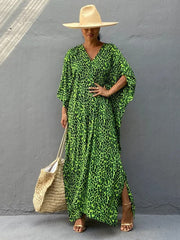 Green Leopard V-Neck Split-Side Batwing Sleeves Maxi Dress
