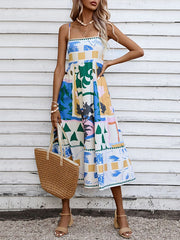 Pleated Printed Split-Joint High Waisted Sleeveless Collarless Slip Dress Midi Dresses