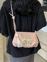 Embroidered Pleated Tasseled Zipper Crossbody Bags