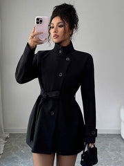 Elasticated Waist High Waisted Asymmetric Buttoned Solid Color Tied Waist Stand Collar Outerwear