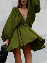 Elasticity Solid Color V-back Long Sleeves Loose Deep V-Neck Mini Dresses