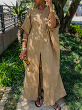 Solid Color Split-Front Loose Short Sleeves V-Neck Maxi Dresses