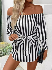 Contrast Color Elasticity Split-Joint Striped Tied Waist Long Sleeves Loose Off-The-Shoulder Blouses&Shirts Tops