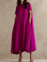 Loose Short Sleeves Pockets Solid Color Round-Neck Maxi Dresses