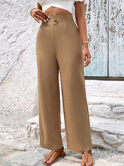 Buttoned Pleated Pockets Solid Color High Waisted Loose Trousers Pants
