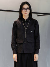 Simple Black Lapel Pockets Blouse