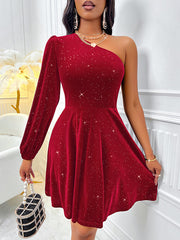 Asymmetric Elasticity Shiny Split-Joint A-Line Long Sleeves One-Shoulder Mini Dresses