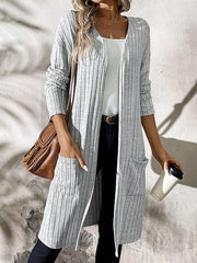 Pockets Solid Color Split-Joint Long Sleeves Loose Collarless Cardigan Tops