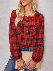 Buttoned Elasticity Plaid Pockets Long Sleeves Loose Round-Neck Blouses&Shirts Tops