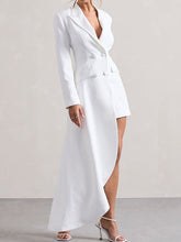 Asymmetric Buttoned Pockets Solid Color Long Sleeves Notched Collar Blazer Maxi Dress