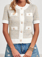 Buttoned Pockets Split-Joint Short Sleeves Round-neck Cardigan Tops