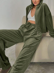 Hooded Velvet Zipper Long Sleeves Solid Color Sweatshirt Top + Drawstring Elasticity Pockets Pants Bottom Two Pieces Set